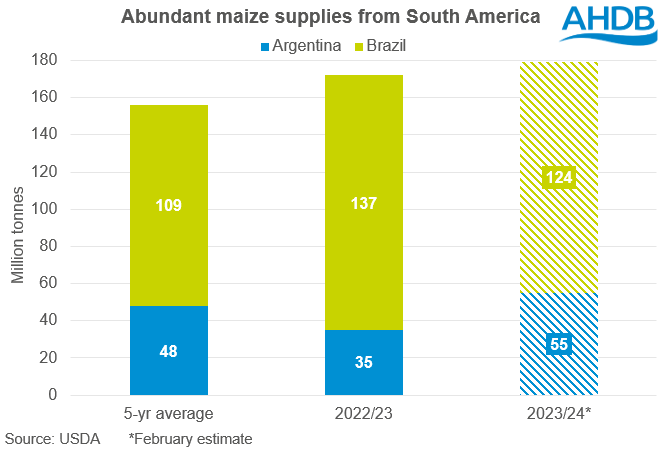 Bar chart showing Argentina and Brazil maize production 28 02 2024